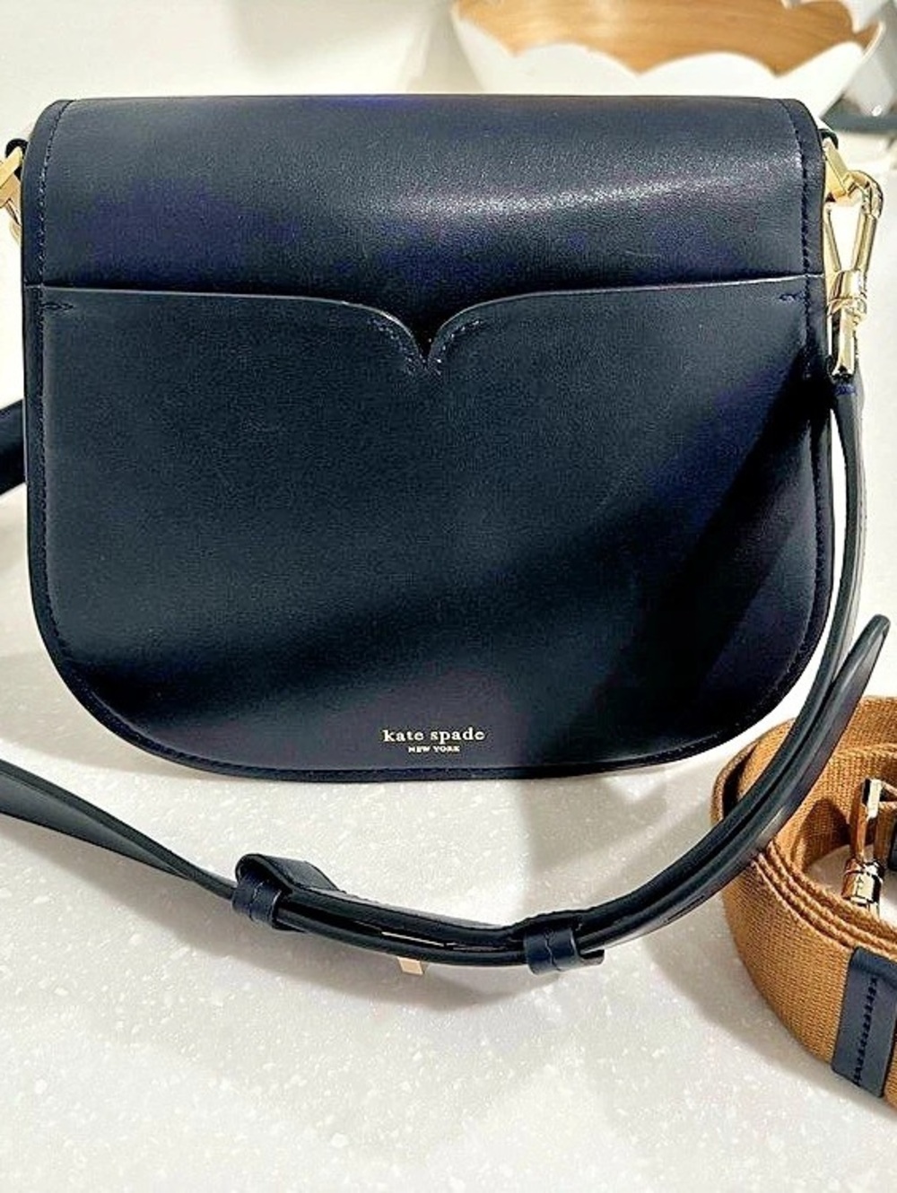 Kate Spade Navy and White Crossbody Bag with Gold-Tone Hardware